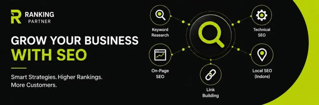 Professional SEO strategy illustration showing keyword optimization, website growth, and increased organic traffic in Indore.